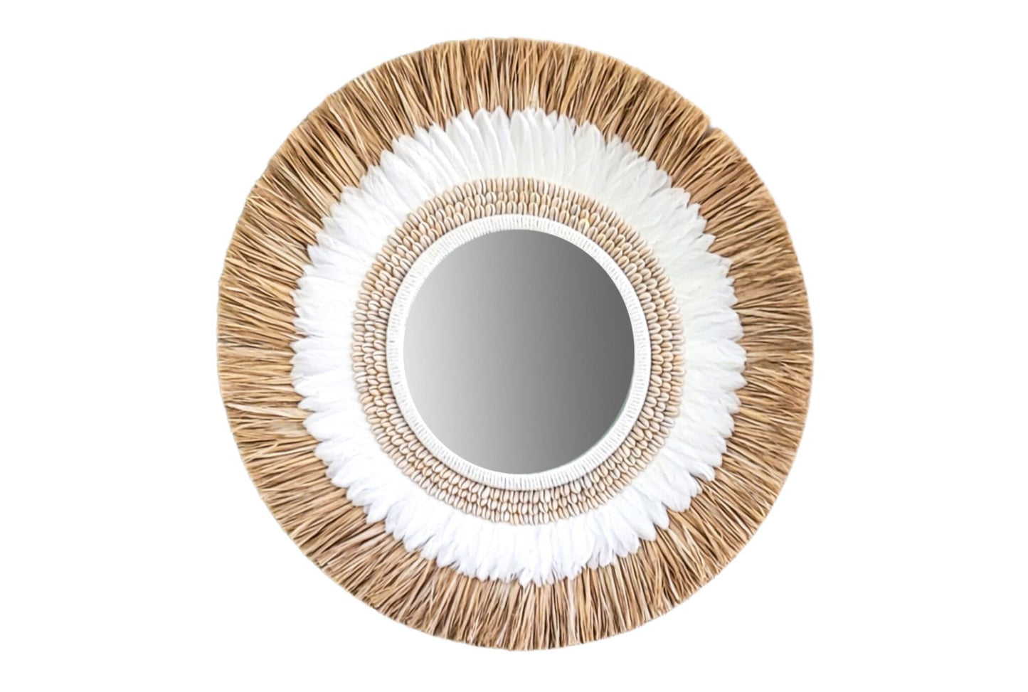 Boho Wandspiegel handgefertigt mit Raffia und Kauri Muscheln
