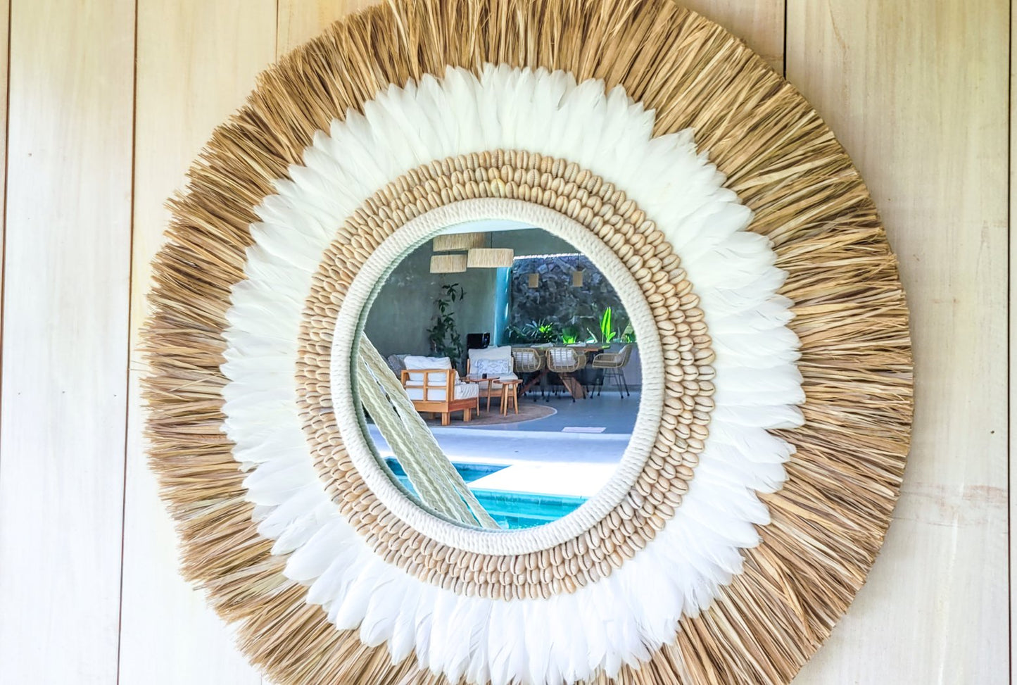 Naturmaterial Wandspiegel mit Muscheln – tropisches Boho-Design