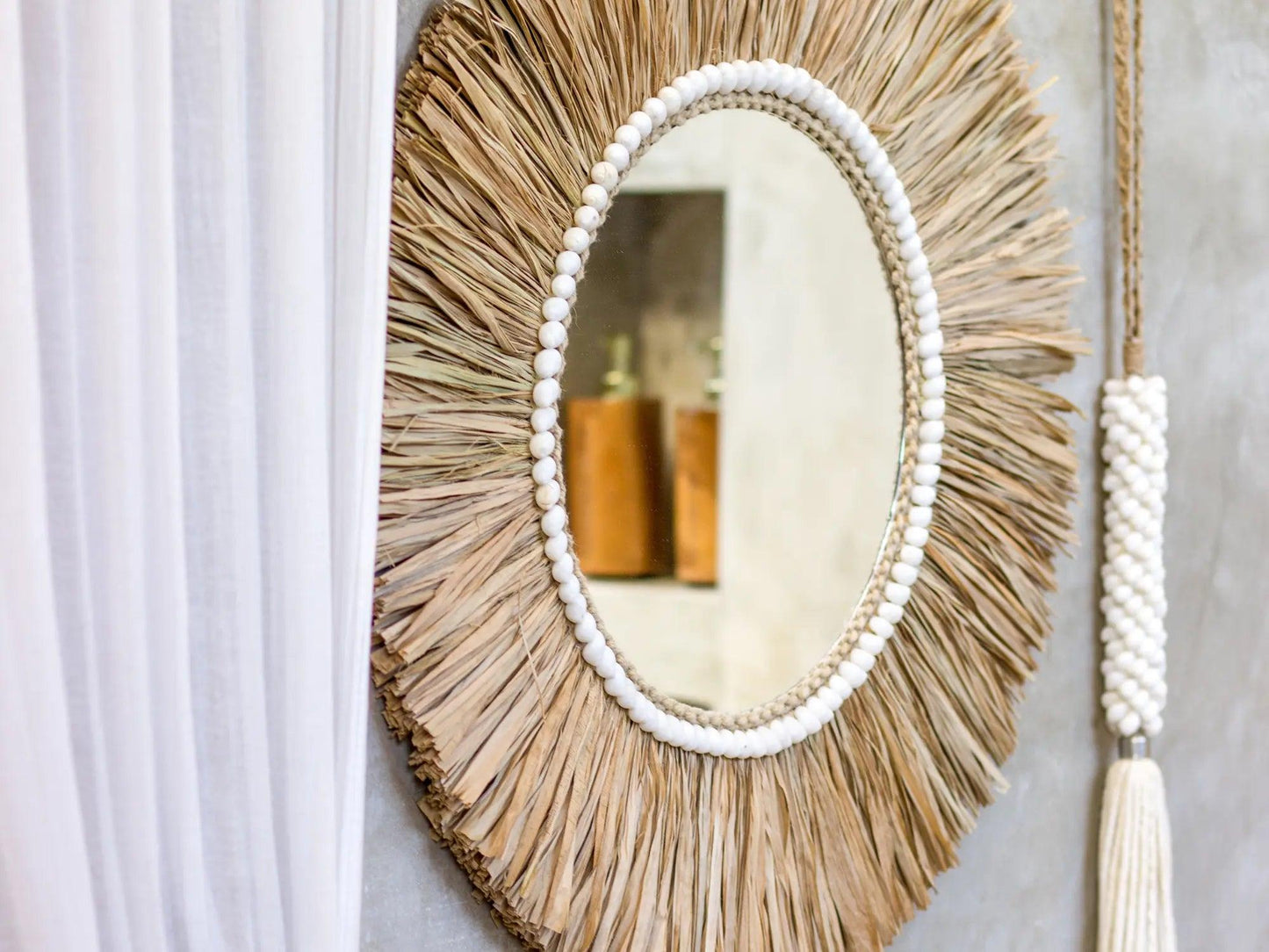 runder Boho Deko Spiegel "Gili" I Ø 60cm MyBaliNestBoho Deko%handmade%handgefertigt%Inneneinrichtung%exklusiv%Bali%Luxus%Wohnzimmer%Schlafzimmer