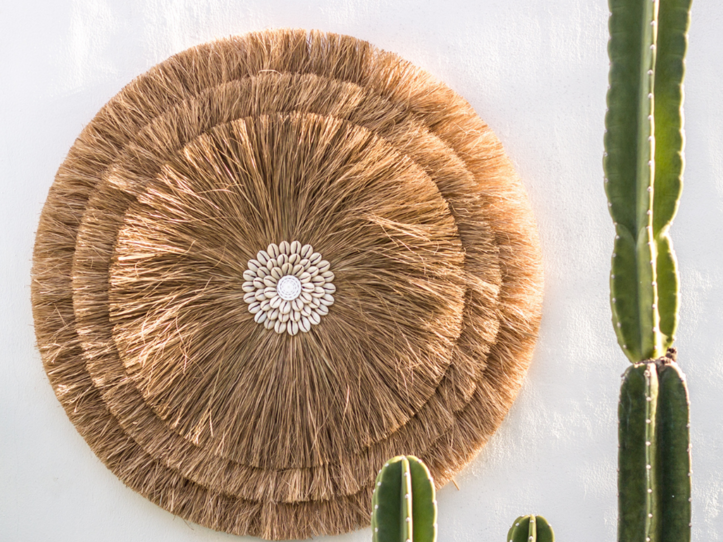 Runde Wanddeko mit Kauri Muscheln und Raffia