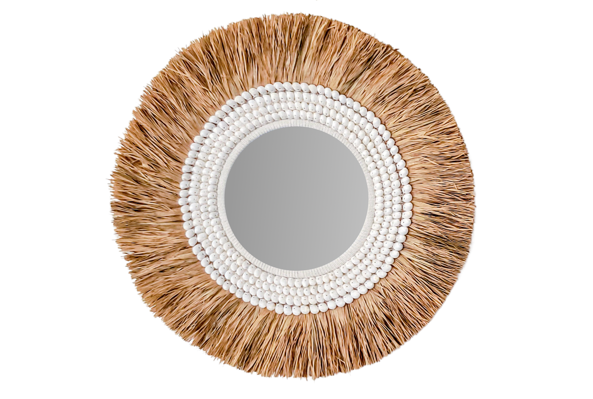 Boho Wandspiegel mit Raffia und Muscheln – 63 cm Durchmesser für tropisches Flair