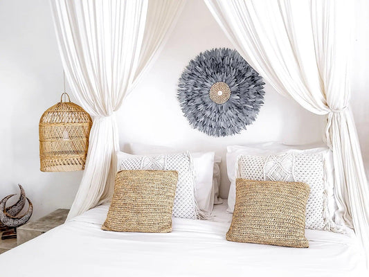 edle Wanddeko mit Federn und Muscheln "Karma" I Ø 60cm MyBaliNestBoho Deko%handmade%handgefertigt%Inneneinrichtung%exklusiv%Bali%Luxus%Wohnzimmer%Schlafzimmer