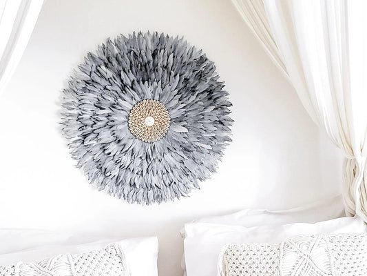 edle Wanddeko mit Federn und Muscheln "Karma" I Ø 60cm MyBaliNestBoho Deko%handmade%handgefertigt%Inneneinrichtung%exklusiv%Bali%Luxus%Wohnzimmer%Schlafzimmer