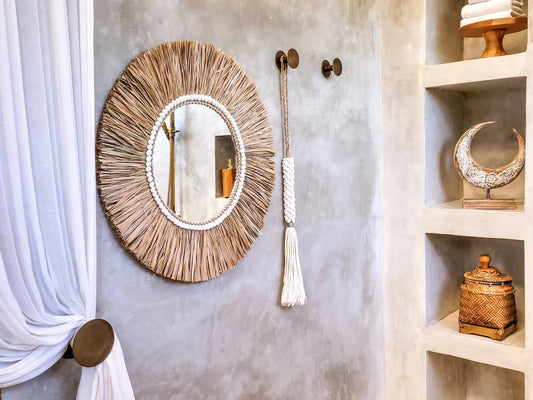 runder Boho Deko Spiegel "Gili" I Ø 60cm MyBaliNestBoho Deko%handmade%handgefertigt%Inneneinrichtung%exklusiv%Bali%Luxus%Wohnzimmer%Schlafzimmer
